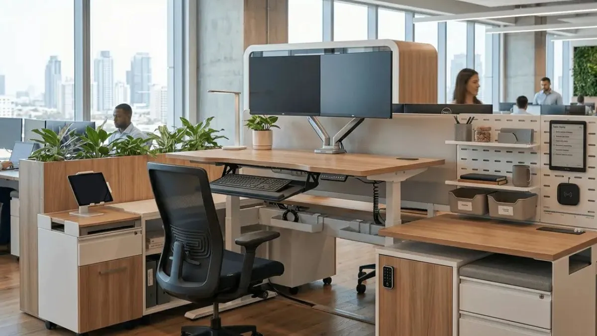 Ergonomic desk, modular desk, smart storage