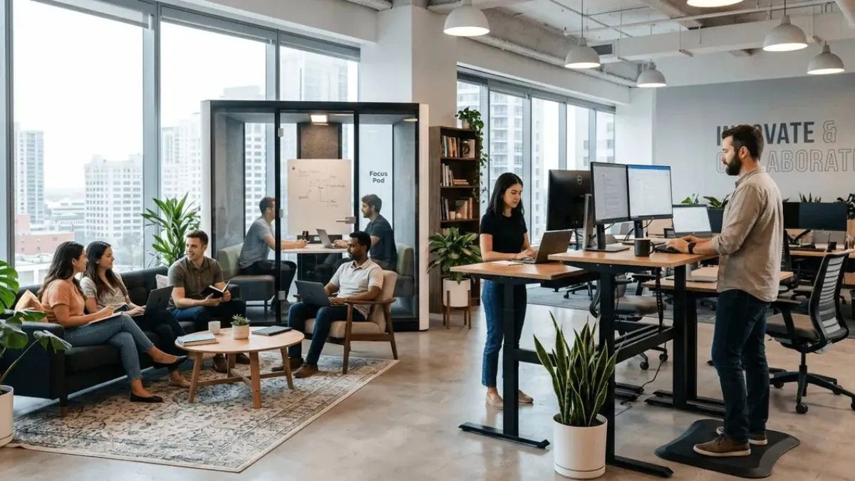 Sit-stand desk, ergonomic chair, acoustic pod, lounge seating