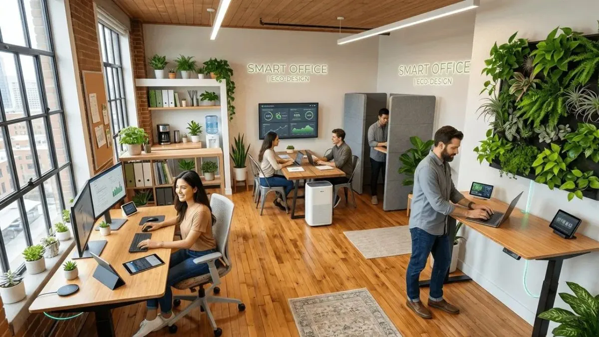 Smart office, eco-friendly furniture, compact office layout